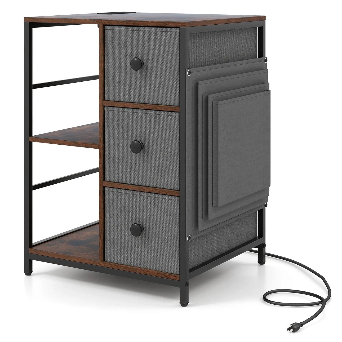 Industrial nightstand with charging station, dark metal frame, wood top, gray fabric drawers on Tampa Home & Garden Store
