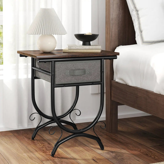 Side Table with Fabric Drawer and Metal Frame, DirectDeals, black metal base, wood top on Tampa Home & Garden Store