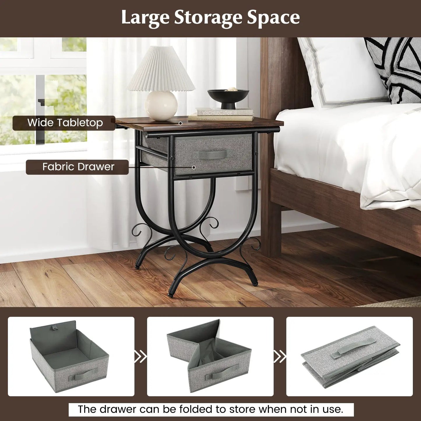 DirectDeals Side Table with Fabric Drawer and Dark Wood Top, Black Metal Frame on Tampa Home & Garden Store