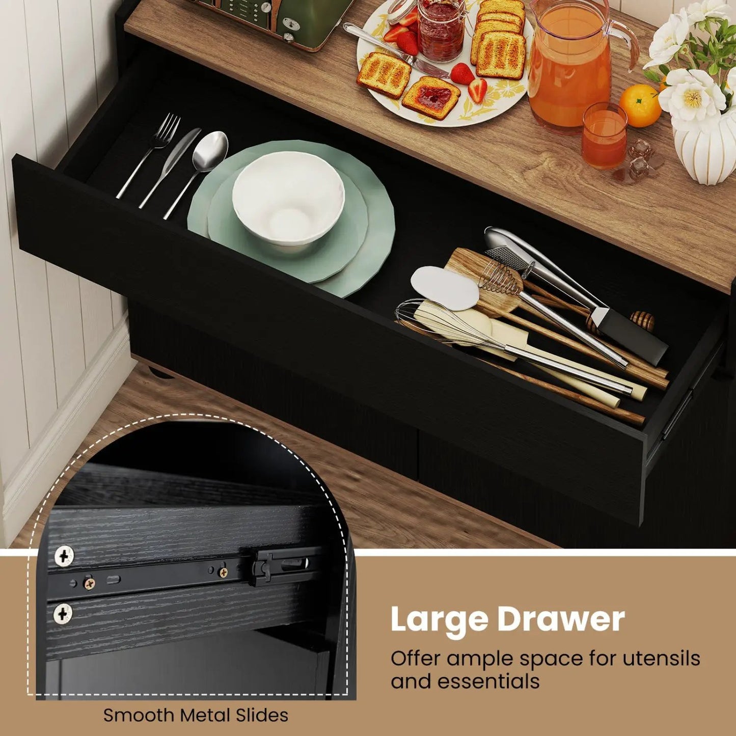 Sideboard buffet cabinet with storage in black; large drawer holds plates, bowls and utensils on Tampa Home & Garden Store