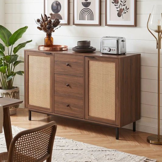 DirectDeals sideboard cabinet in walnut finish with rattan doors and 3 drawers on Tampa Home & Garden Store