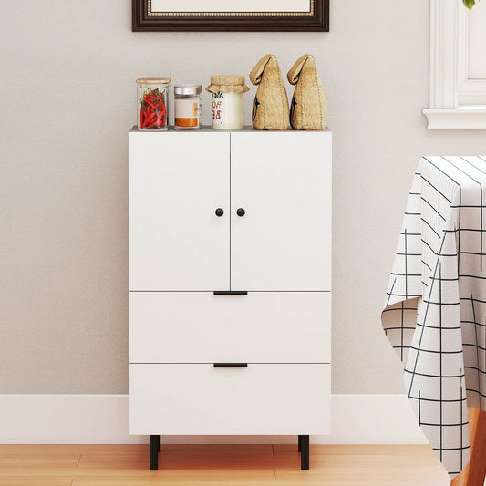 White sideboard buffet cabinet with two doors and a lower drawer, black metal legs on Tampa Home & Garden Store