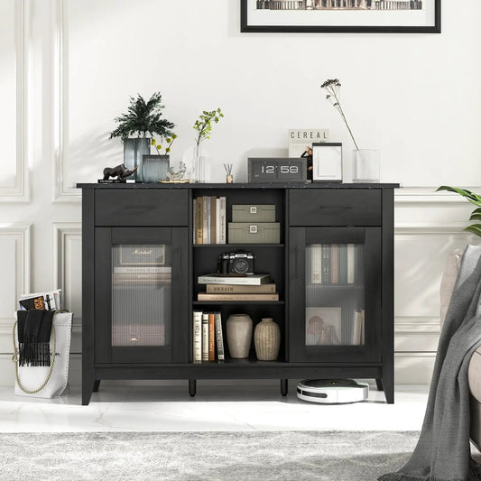 Sideboard cabinet in black with 2 drawers and 4 shelves, glass-front doors, decor on top on Tampa Home & Garden Store