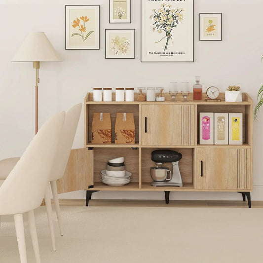 Oak sideboard storage cabinet with 3 doors and top display of jars, glassware and a clock on Tampa Home & Garden Store