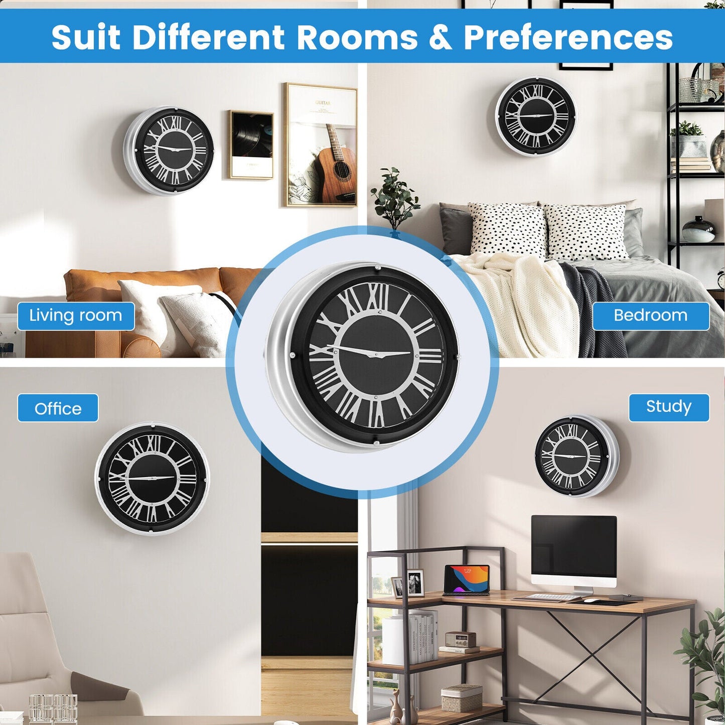 Reloj de Pared Silencioso de 13.5/17.5 Pulgadas con Marco Plateado-L