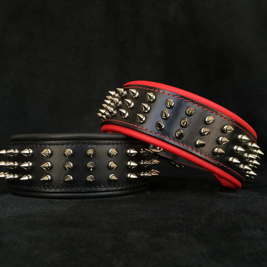 Silver Giant Nickel-Plated Spiked Collar with red trim by Bestia Dog Gear on Tampa Home & Garden Store