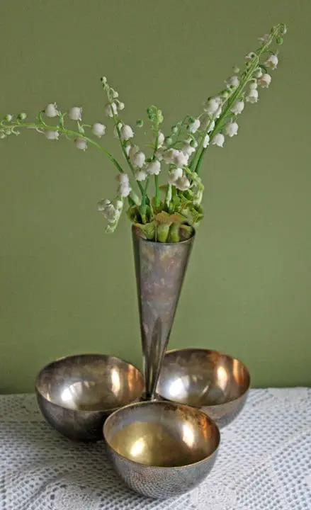 Three silver-plated serving bowls with a tall center vase centerpiece in pewter metal on Tampa Home & Garden Store