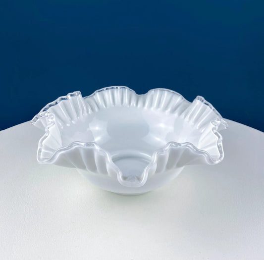 Silvercrest white glass bowl with a ruffled edge decorative serving dish on Tampa Home & Garden Store