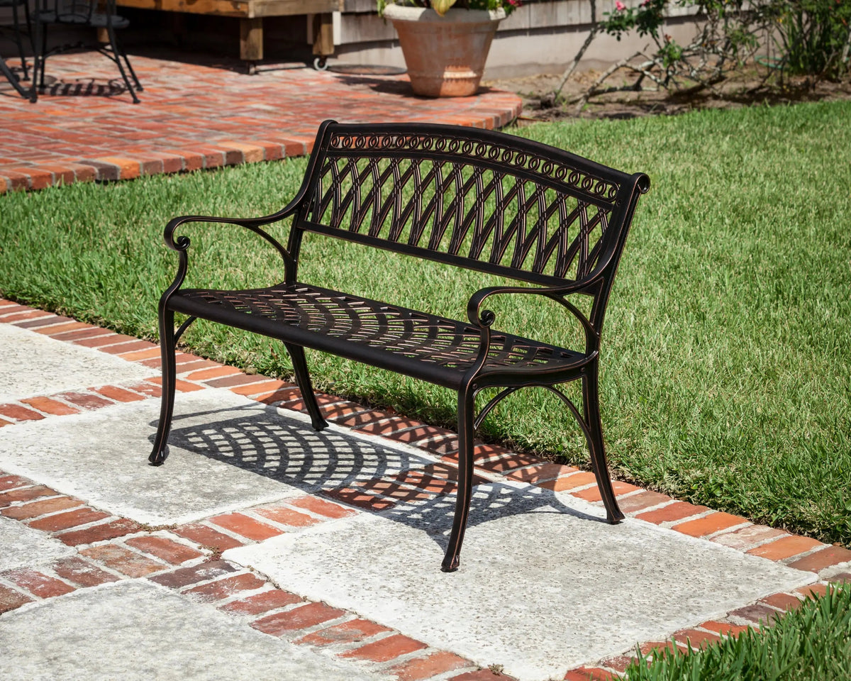 Simone Cast Aluminum Bench by Fire Sense/Balkene Home, black bench with lattice back on Tampa Home & Garden Store