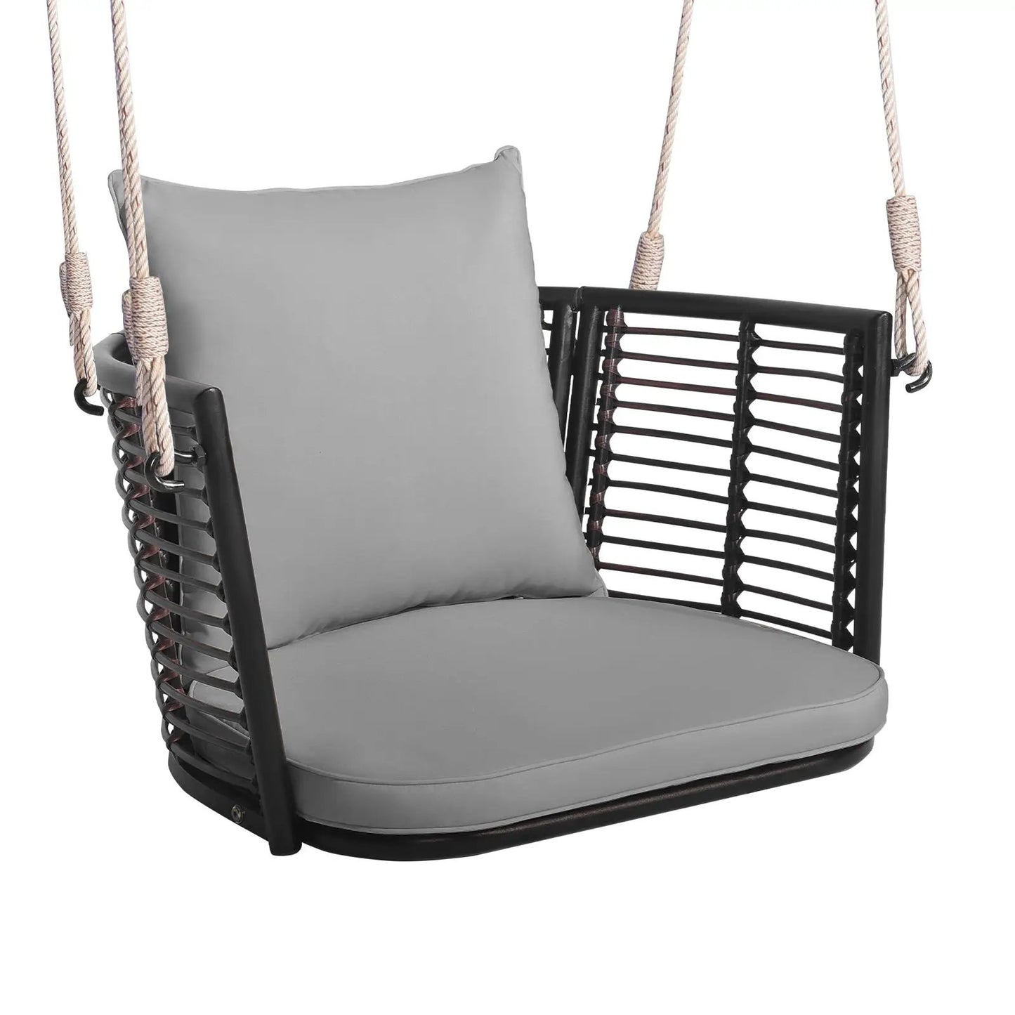 Single Person Hanging Chair with gray cushions and rattan backrest DirectDeals on Tampa Home & Garden Store