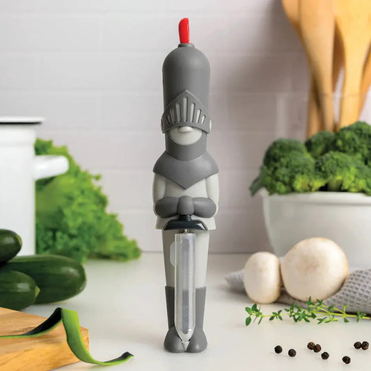 Sir Peels A-Lot knight potato peeler in gray armor with red tip, OTOTO DESIGN kitchen tool on Tampa Home & Garden Store
