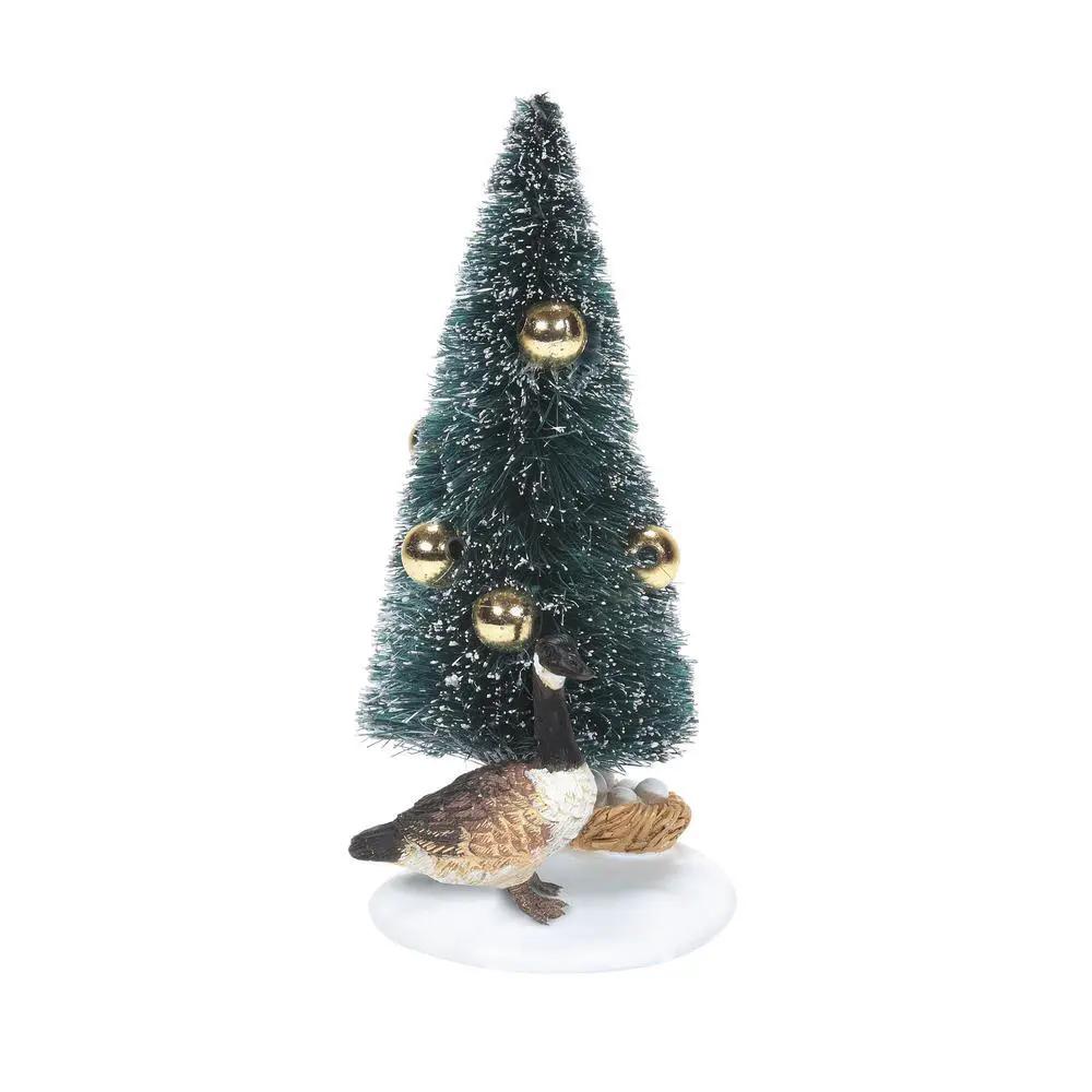 Six Geese a Laying Tree green bottle-brush tree with gold ornaments and a brown goose on snowy base on Tampa Home & Garden Store