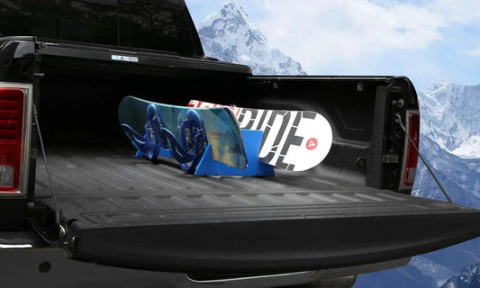 Six Pack Wide Snowboard Rack by TRAPSKI blue storage rack with snowboards in truck bed on Tampa Home & Garden Store
