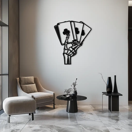 Skeleton hand holding three playing cards metal wall art in black gothic style by Enova Art on Tampa Home & Garden Store