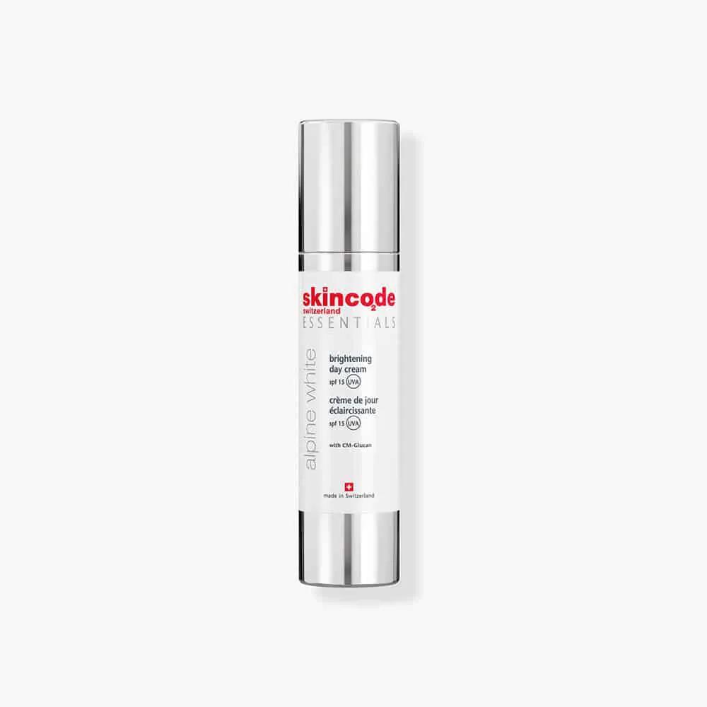 Skincode Essentials brightening day cream SPF 15 bottle, white with silver cap, 50 ml on Tampa Home & Garden Store