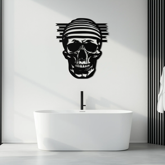 Skull metal wall art silhouette with bold horizontal stripes in black, modern metal wall decor on Tampa Home & Garden Store