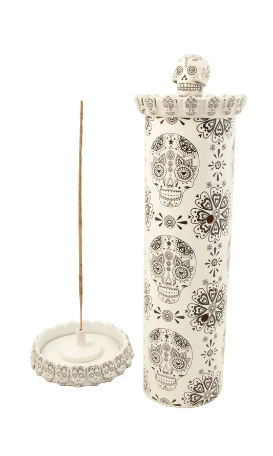 Skull Smoker Incense Burner 2pc white ceramic cylinder with black skull pattern and lid on Tampa Home & Garden Store