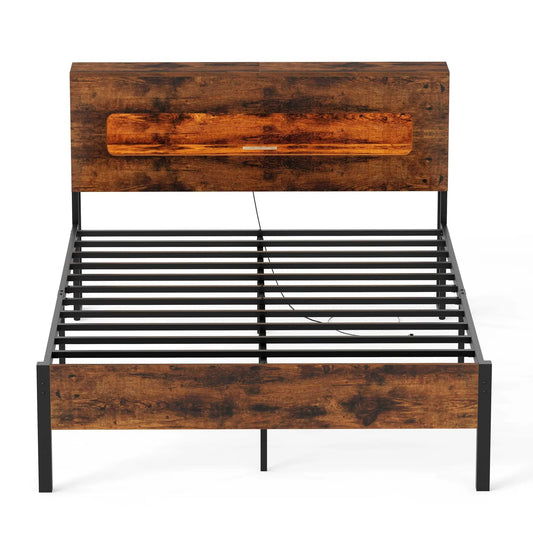 Slatted full bed frame with rustic wood headboard and LED lights, black metal base on Tampa Home & Garden Store