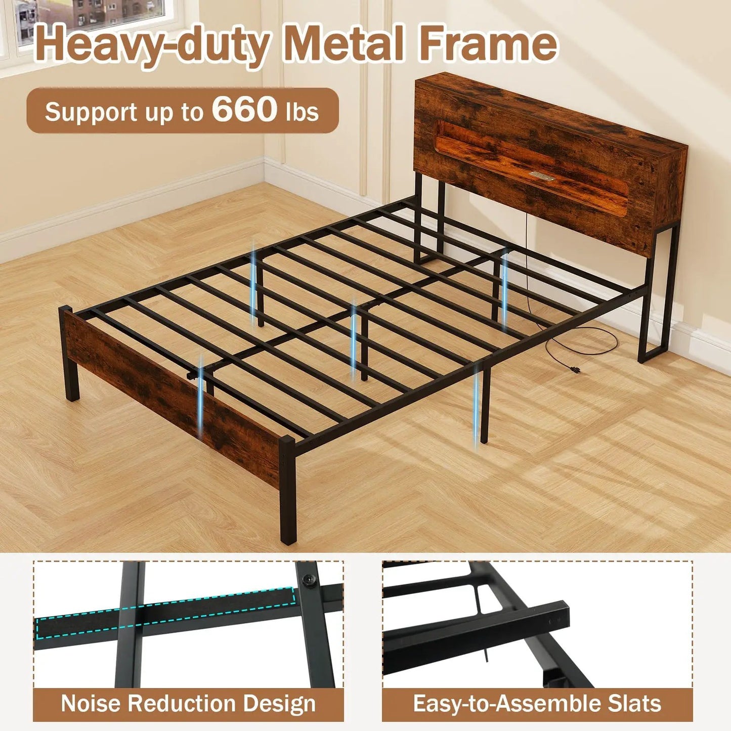 Slatted Full Bed Frame With LED Lights Headboard brown wood and black metal rails on Tampa Home & Garden Store