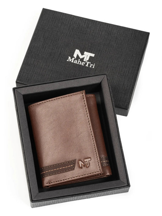 SleekCut RFID brown tri-fold wallet in black MaheTri box with textured lid on Tampa Home & Garden Store