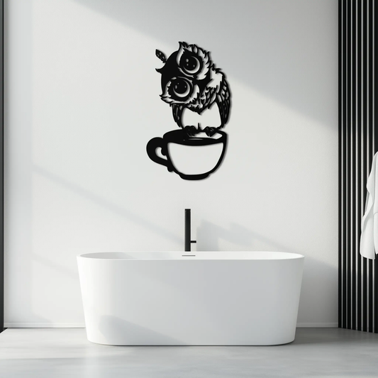 Sleepy Owl in a Coffee Cup Wall Art, metal wall decor with black silhouette by Enova Art on Tampa Home & Garden Store