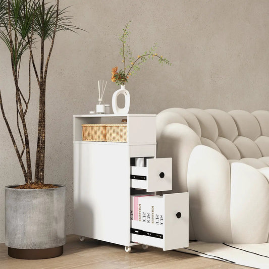 Slim white wooden bathroom cabinet with deep slide-out drawers on casters on Tampa Home & Garden Store