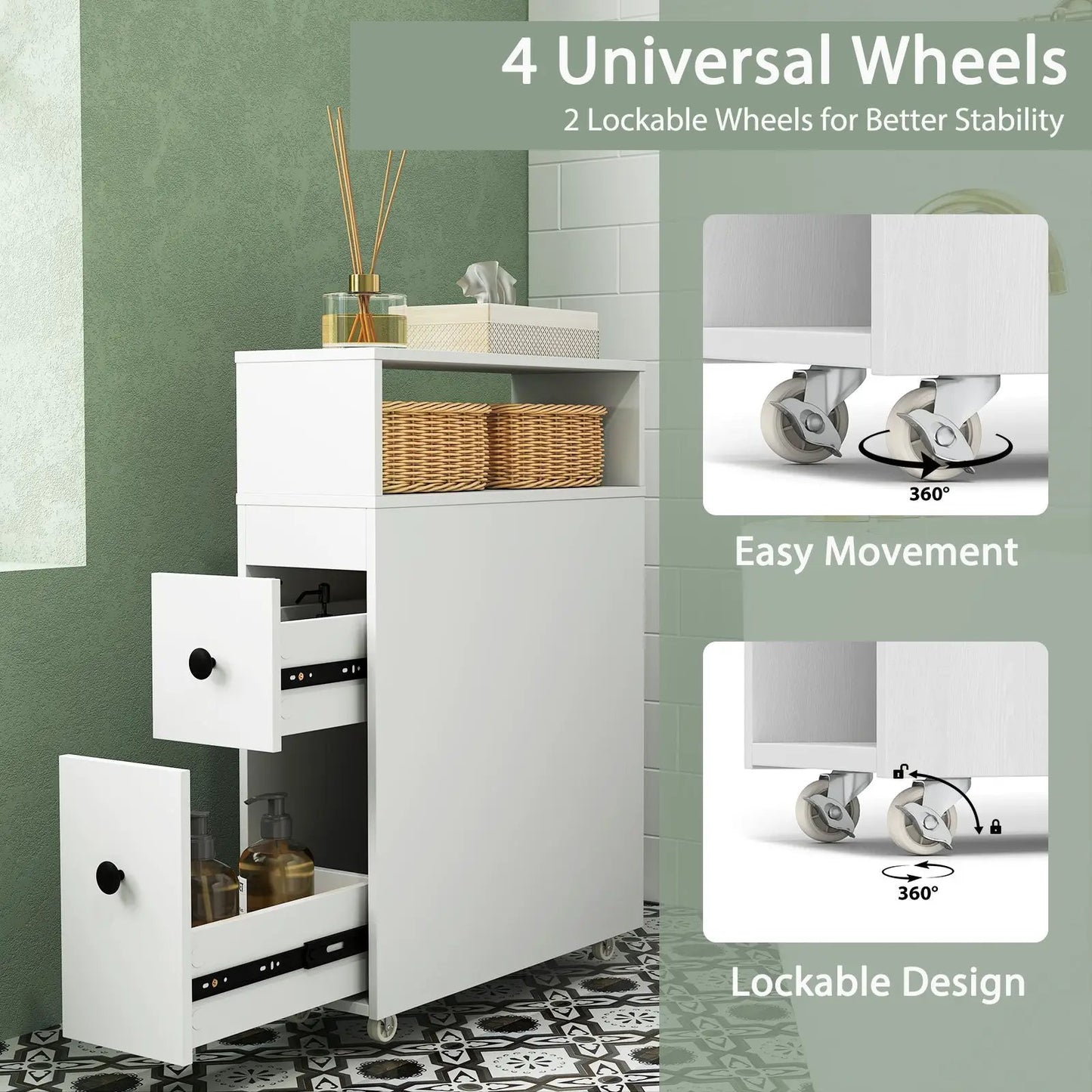 Slim Bathroom Cabinet Wooden Toilet Organizer with Deep Slide Out Drawers - Tampa Home & Garden Store