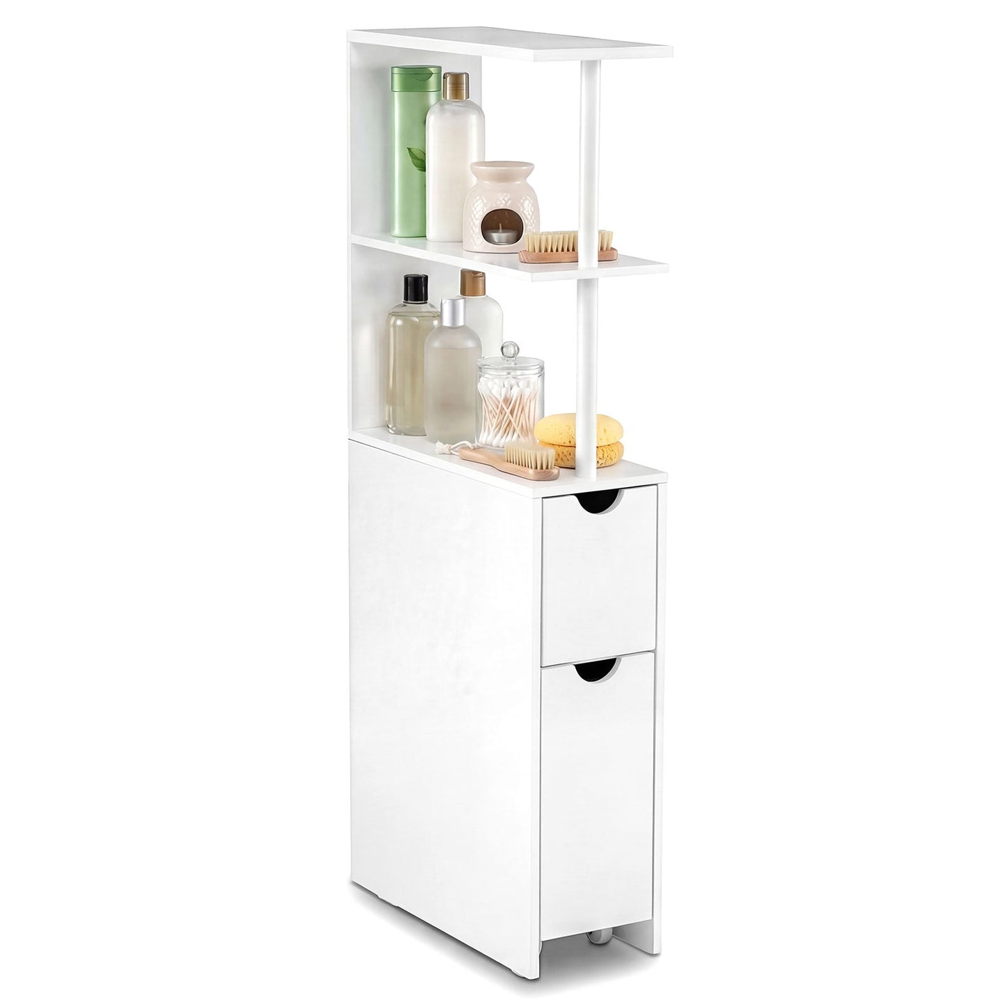 Slim freestanding bathroom cabinet with open shelves in white, shelves and drawers DirectDeals on Tampa Home & Garden Store