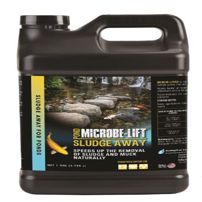 Microbe-Lift Sludge Away pond treat jug Rivendell Dist black plastic container with handle on Tampa Home & Garden Store