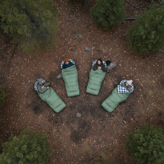 Slumbernest sleeping bags in green with plaid flannel lining, 5 campers in a forest circle on Tampa Home & Garden Store