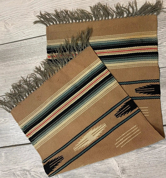 Rug Mexican kilim 14x30 in brown with cream stripes fringe 2-piece on Tampa Garden Store on Tampa Home & Garden Store