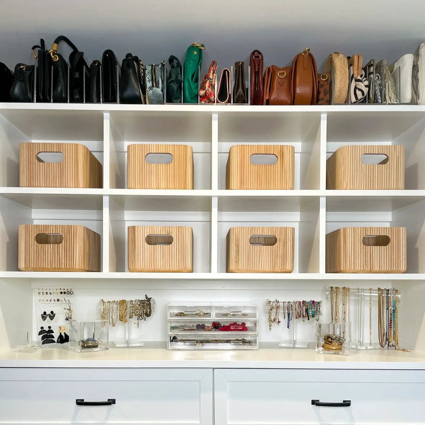 Wooden Ribbed Bins natural finish Paulownia wood on white shelving on Tampa Home & Garden Store