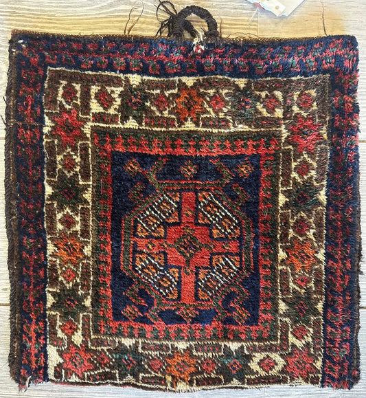 Small vintage Kurdish wool-on-wool bag rug 14x14 navy with red ivory medallions Rugistan on Tampa Home & Garden Store