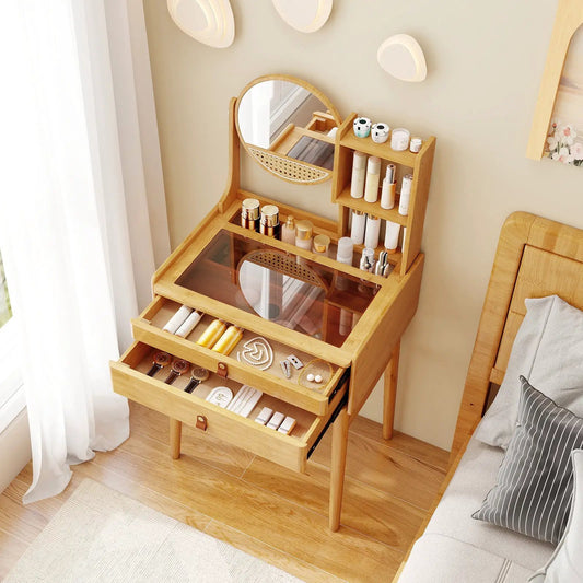 Small vanity desk with round mirror in natural wood and built-in makeup organizer shelves on Tampa Home & Garden Store