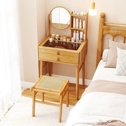 2-piece bamboo vanity desk and stool set with glass top, round mirror and shelf on Tampa Home & Garden Store