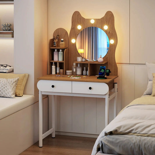 Vanity desk with kitty-ear mirror and round bulb lights, wooden top and white drawers on Tampa Home & Garden Store