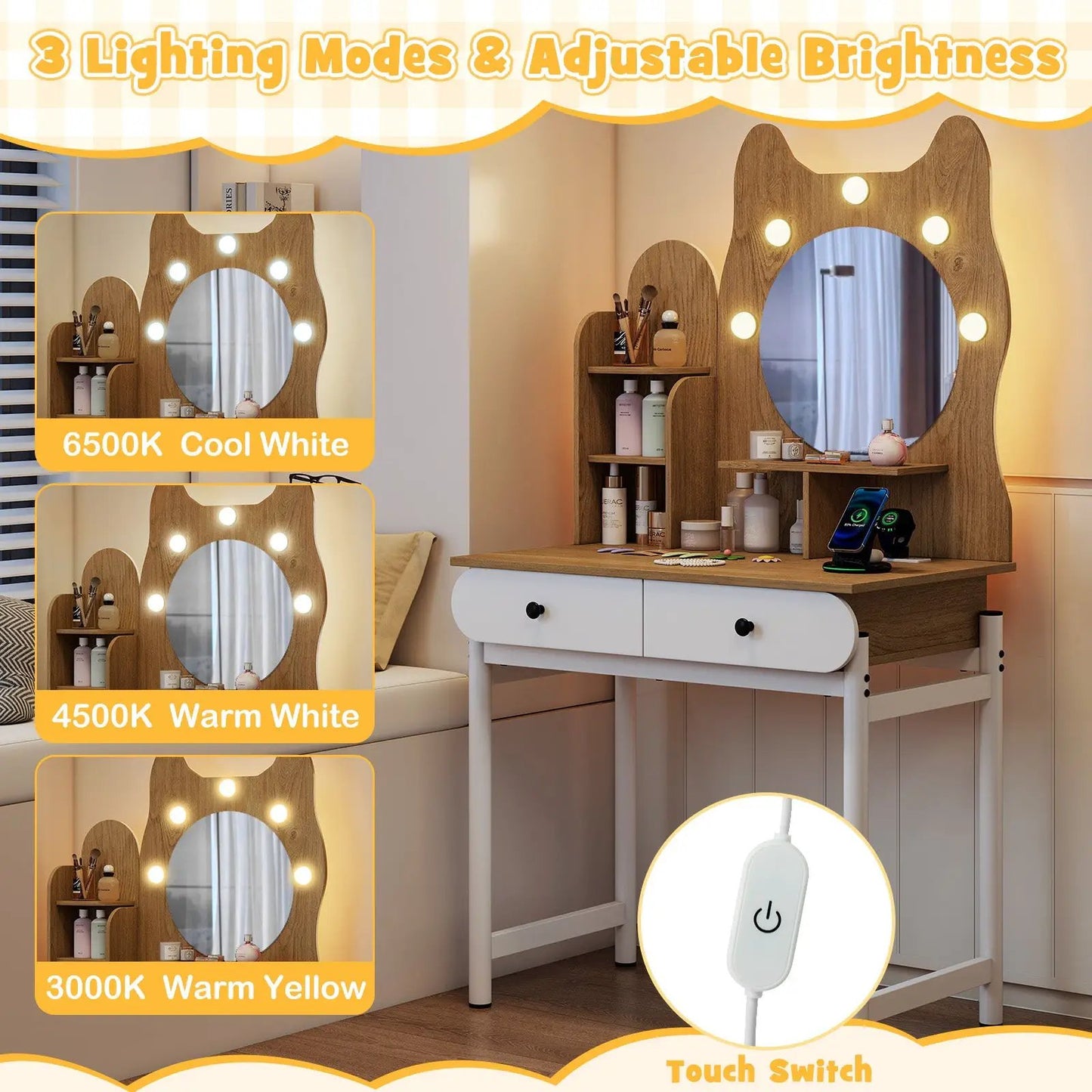 Vanity desk with cat-shaped mirror and LED lights, wood finish, makeup shelves 3 light modes on Tampa Home & Garden Store