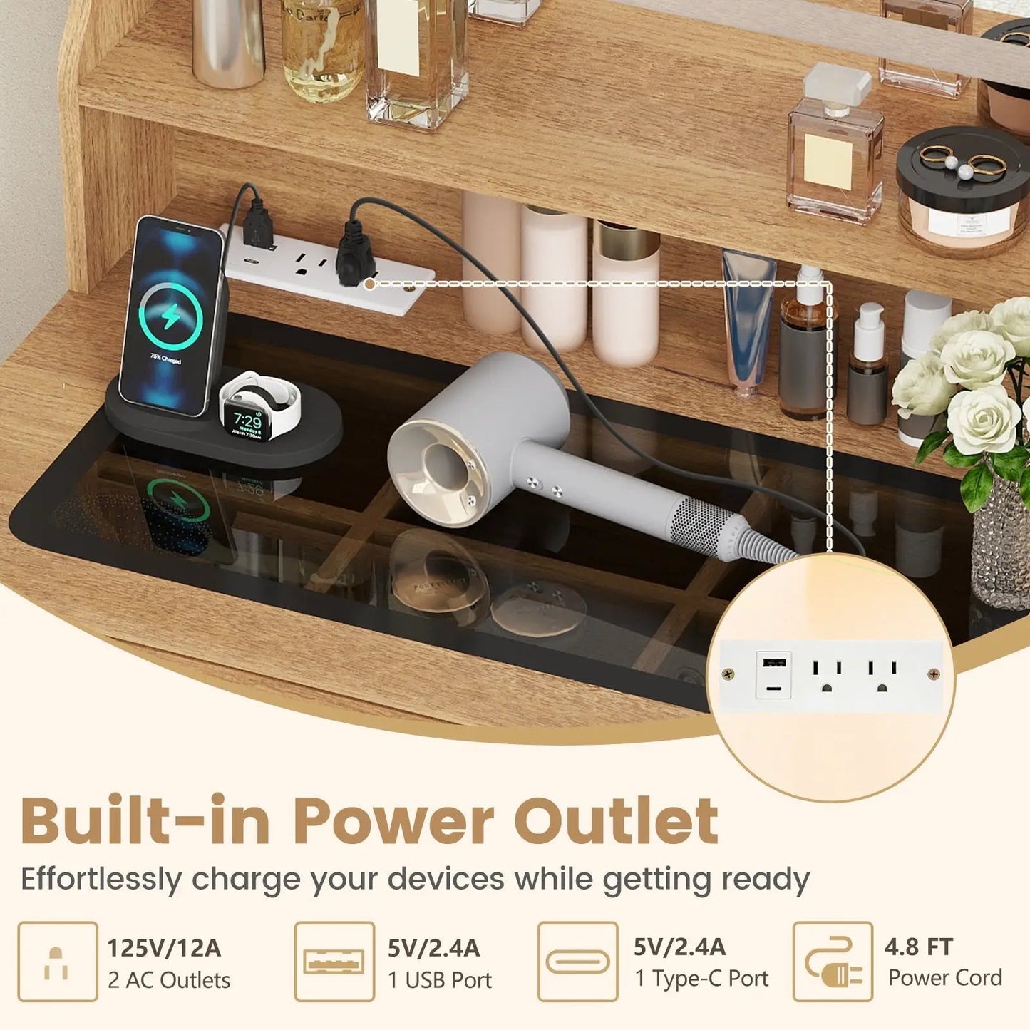 Small Vanity Desk with Mirror and Lights, wood finish, built-in 2-outlet power with USB/Type-C on Tampa Home & Garden Store