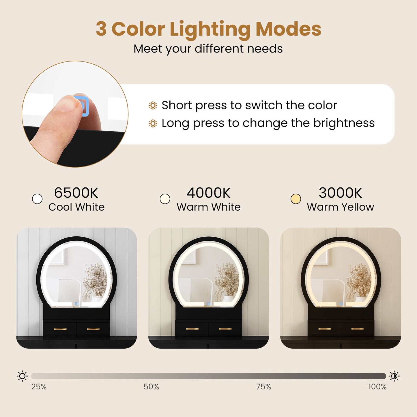 Juego de tocador de maquillaje pequeño con taburete acolchado y espejo con luz LED - Negro