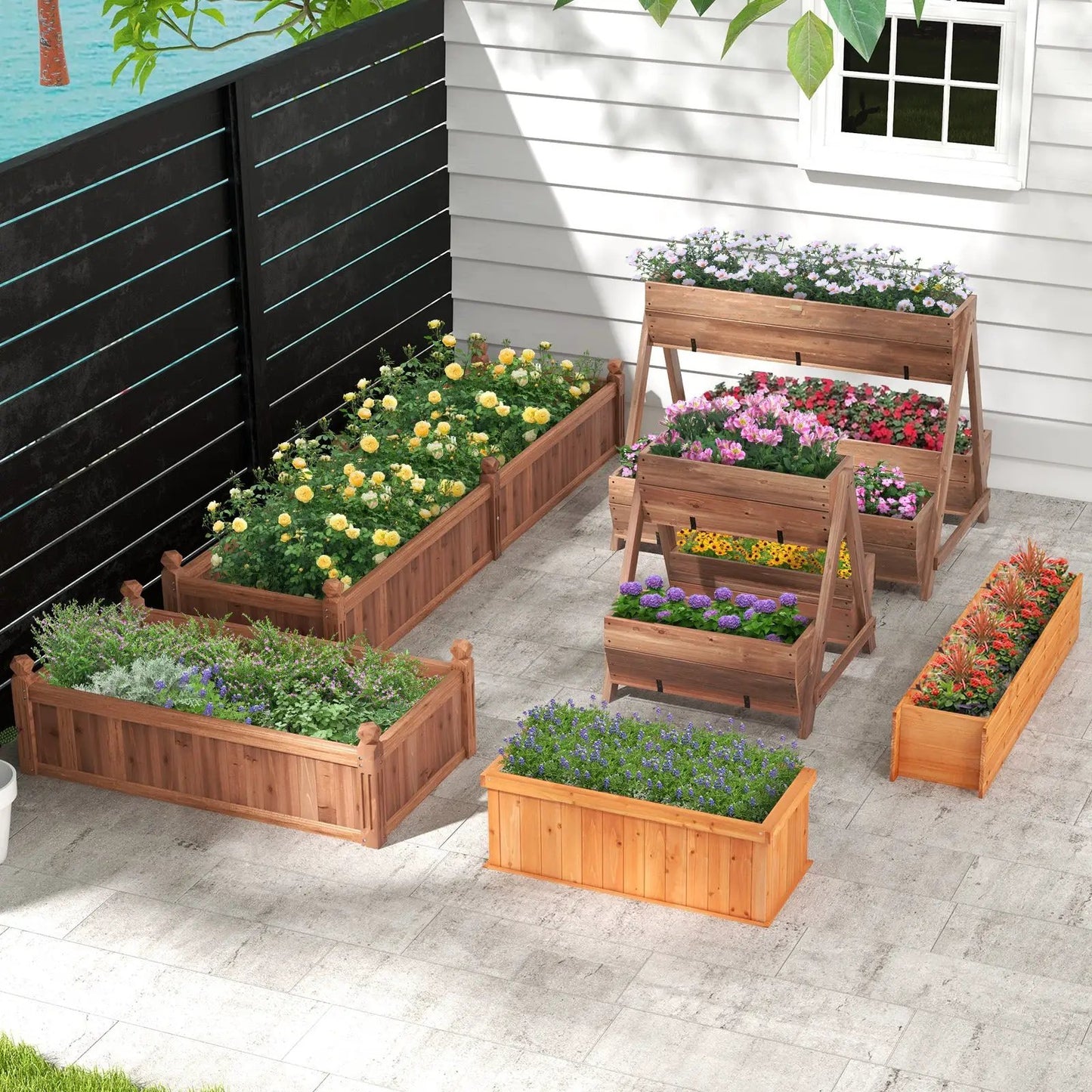 Vertical raised garden bed with 3 wooden planter boxes in natural finish, filled with blooms on Tampa Home & Garden Store