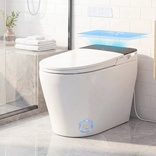 White smart toilet with built-in bidet and ADA height, wall-mounted control panel visible on Tampa Home & Garden Store