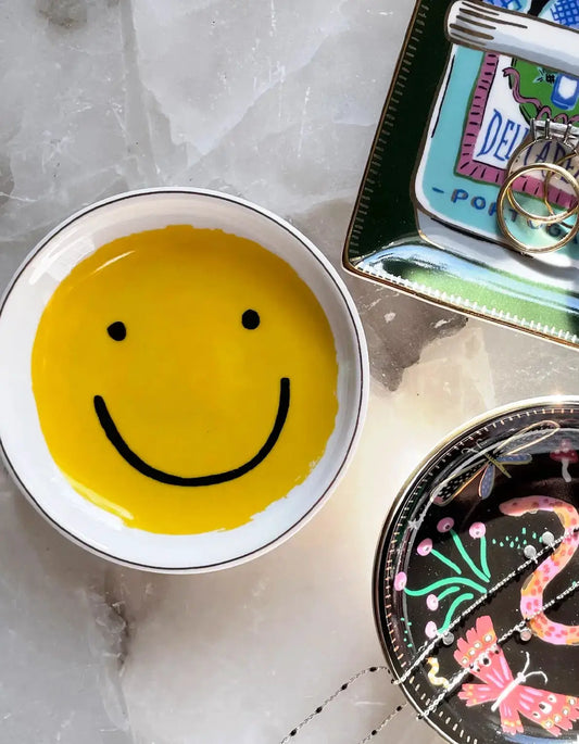 Smiley porcelain trinket dish, bright yellow face, 3-piece decorative plate set on Tampa Home & Garden Store