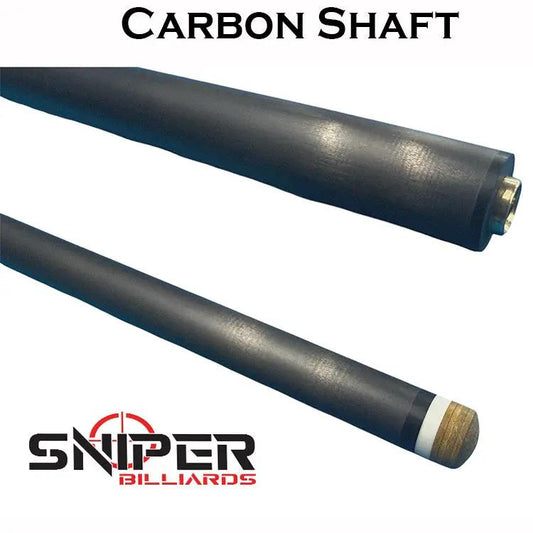 Two black carbon fiber cue shafts with Sniper Billiards logo; metal joint end and wooden tip on Tampa Home & Garden Store