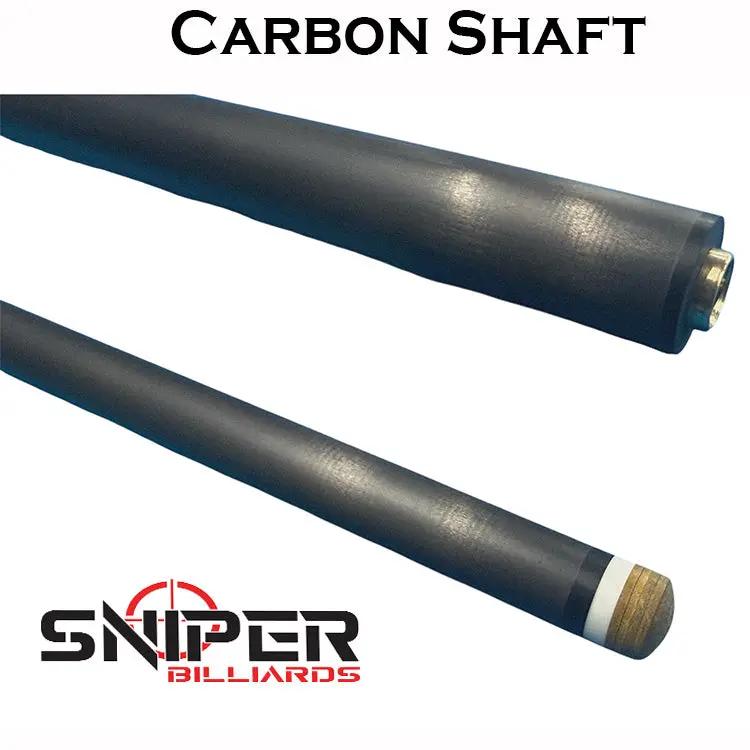 Two black carbon fiber cue shafts with Sniper Billiards logo; metal joint end and wooden tip on Tampa Home & Garden Store