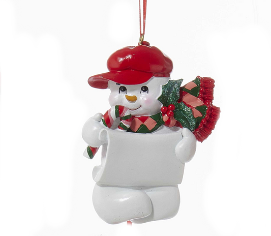 Snow Kid Ornament snowman with red ball cap and holly scarf hanging ornament on Tampa Home & Garden Store