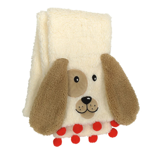 SnowPinions Dog Scarf Coral Fleece Sherpa cream and brown fleece with red pom fringe on Tampa Home & Garden Store