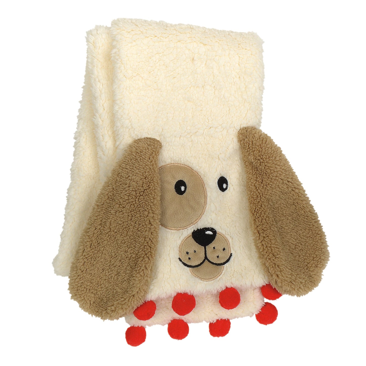SnowPinions Dog Scarf Coral Fleece Sherpa cream and brown fleece with red pom fringe on Tampa Home & Garden Store