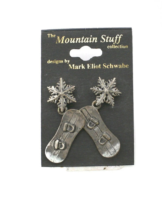 Snowboard pewter earrings with snowflake charm, silver-tone pair by Country Christmas Loft on Tampa Home & Garden Store