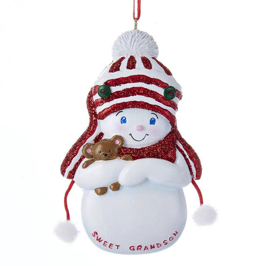 Snowboy Sweet Grandson Ornament snowman with red glitter hat and scarf holding teddy bear on Tampa Home & Garden Store
