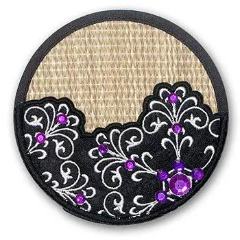 Snowflake Glass Slippers coasters set of 4 with round woven base and black lace with purple gems on Tampa Home & Garden Store